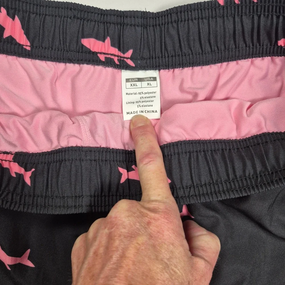 Mens Shark Print Swim Trunks XL Black‎ Pink Beach Board Shorts Compession Lining